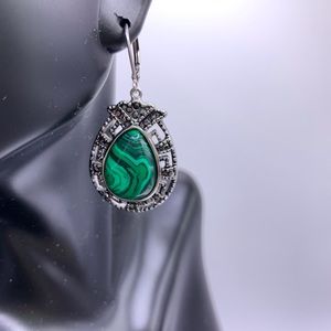 Simulated Malachite (Pear), Swiss Marcasite Lever Back Earrings